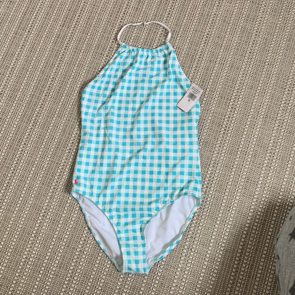polo blue and white checkered bathing suit